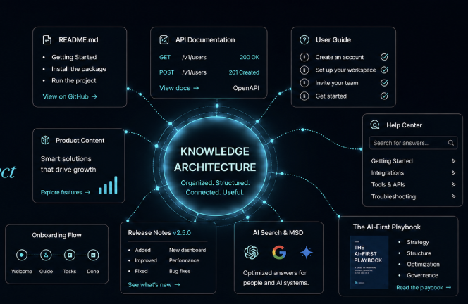Knowledge architecture ecosystem connecting technical documentation, user guidance, product content, onboarding, release notes, AI search and help-center content